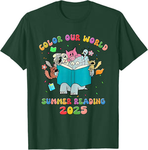Color Our World Summer Reading 2025 Librarian Book Animals T-Shirt - T-Shirt | Forest
