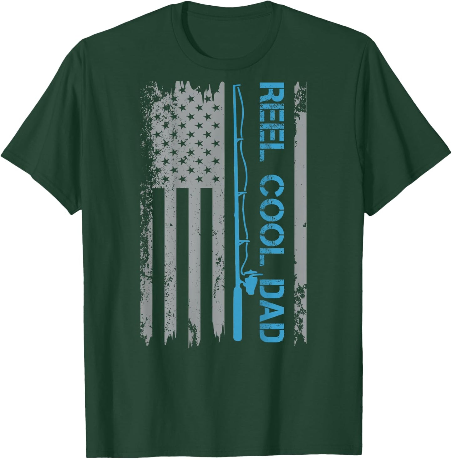 Reel Cool Dad Fishing USA Flag Patriotic 4th of July On Back T-Shirt - T-Shirt | Forest
