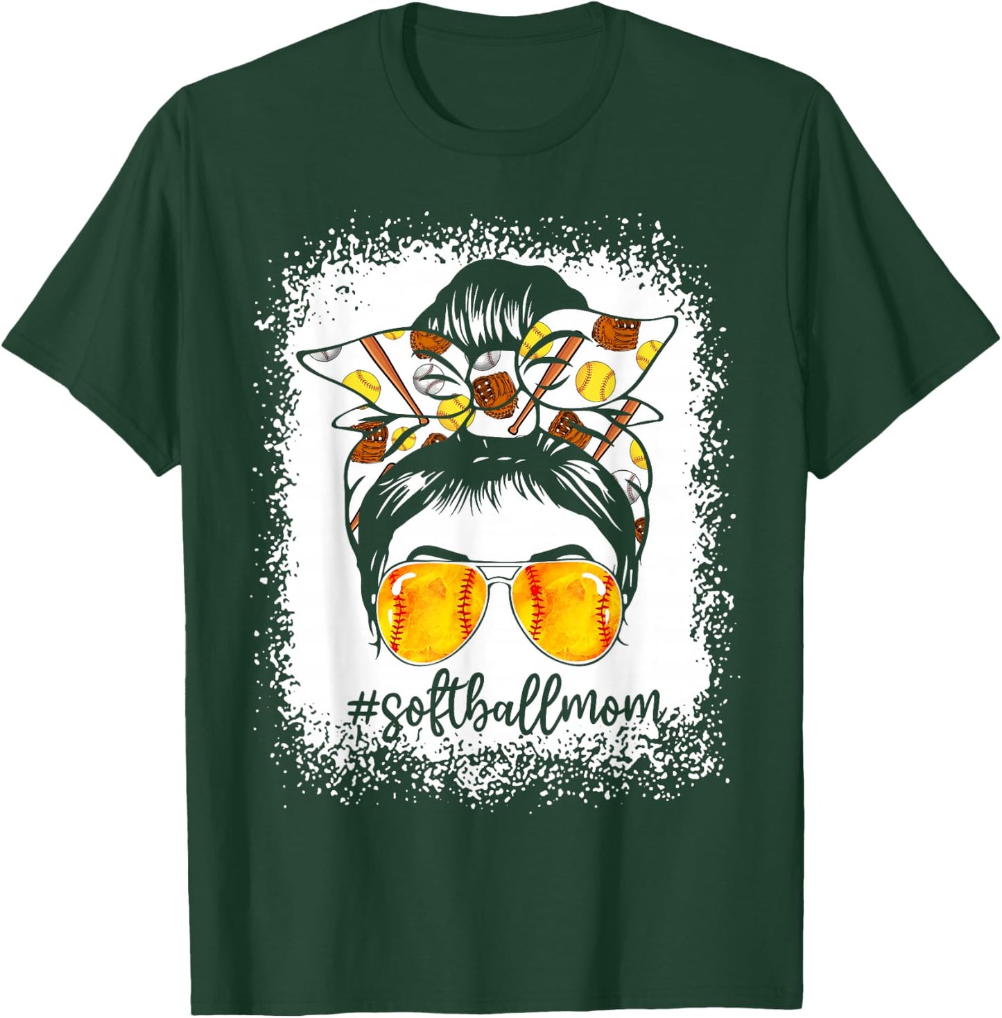 Women Bleached Softball Mom Messy Bun Softball Lover T-Shirt - T-Shirt | Forest