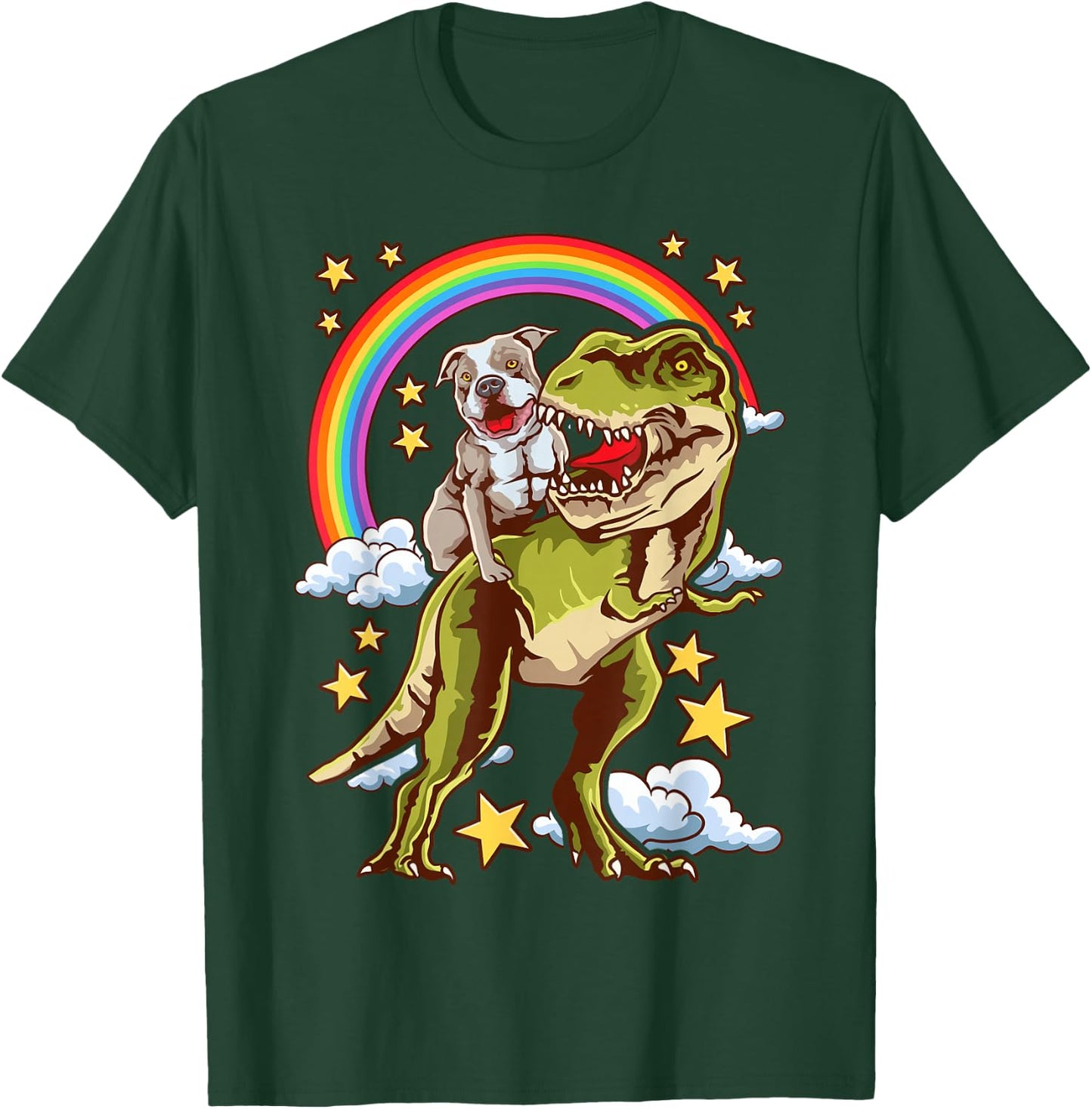Funny Pitbull Riding A Dinosaur Rainbow Illustration Fun T-Shirt - T-Shirt | Forest