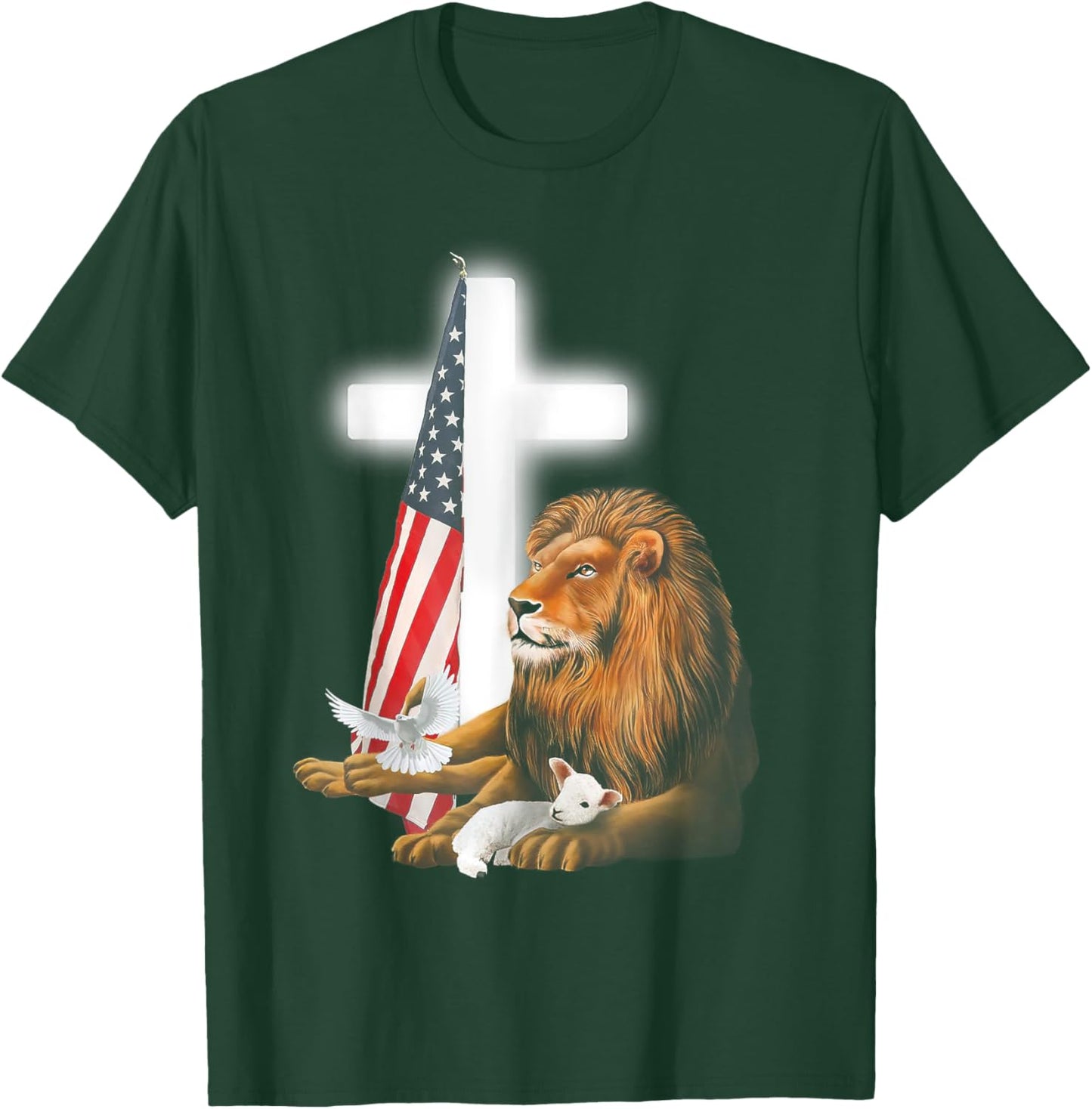 Lion And Lamb Cross Sheep Dove America Flag T-Shirt - T-Shirt | Forest