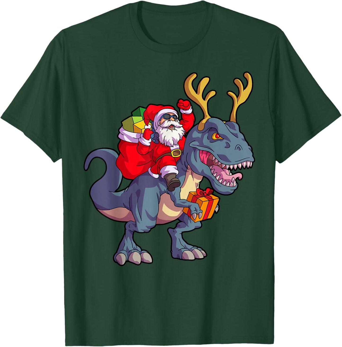 Christmas Santa Riding Dinosaur Deer Xmas Kids Boys Men Short Sleeve T-Shirt - T-Shirt | Forest