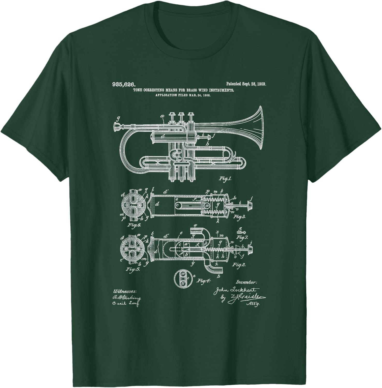 Trumpet Blueprint Vintage Patent Instrument Trumpet Player T-Shirt - T-Shirt | Forest