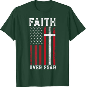 Inspirational Faith Over Fear USA Flag Christian Cross Jesus T-Shirt - T-Shirt | Forest