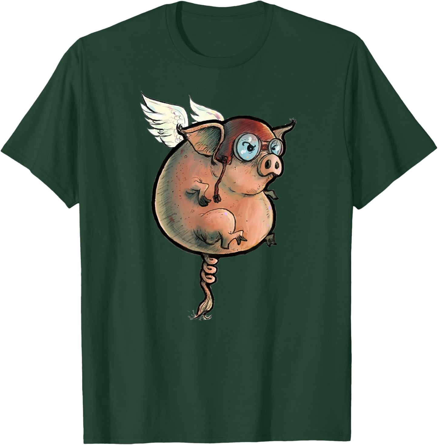 Flying Pig. Quirky, hand-drawn and painted art. T-Shirt - T-Shirt | Forest