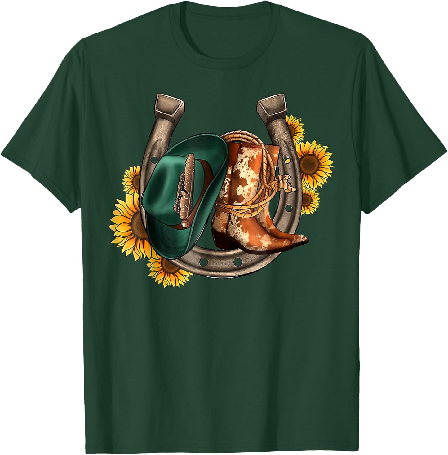 Cowboy Boots Cowboy Hat Horseshoes Sunflower Western Cowhide T-Shirt - T-Shirt | Forest