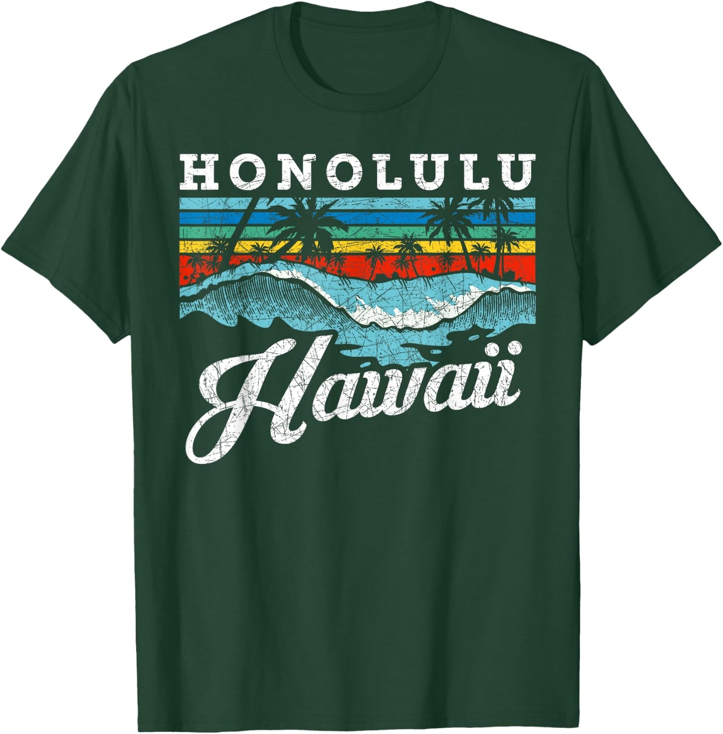 Waves Beach Honolulu Hawaiian Summer Surfing Retro Hawaii T-Shirt - T-Shirt | Forest