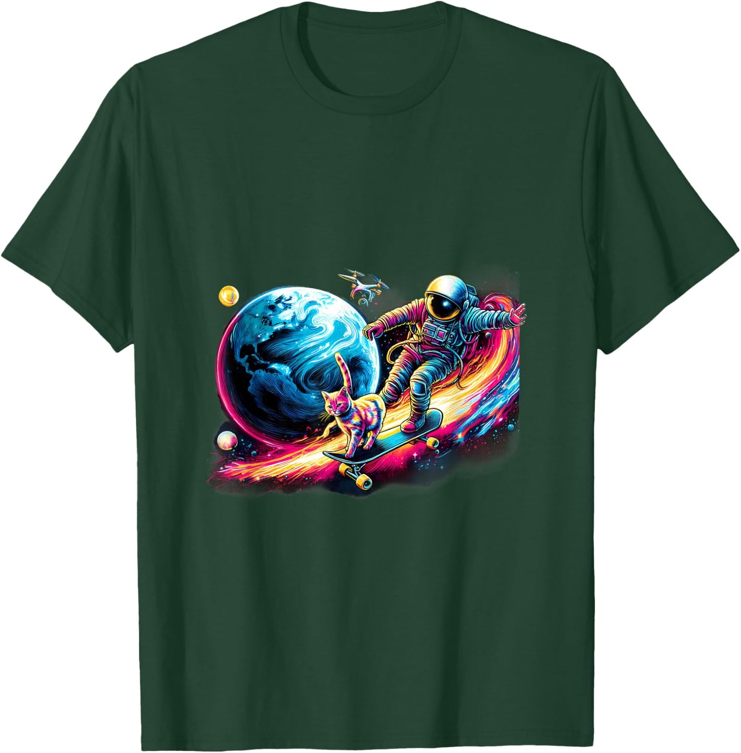 Cat And Astronaut Skateboarding The Outer Space T-Shirt - T-Shirt | Forest