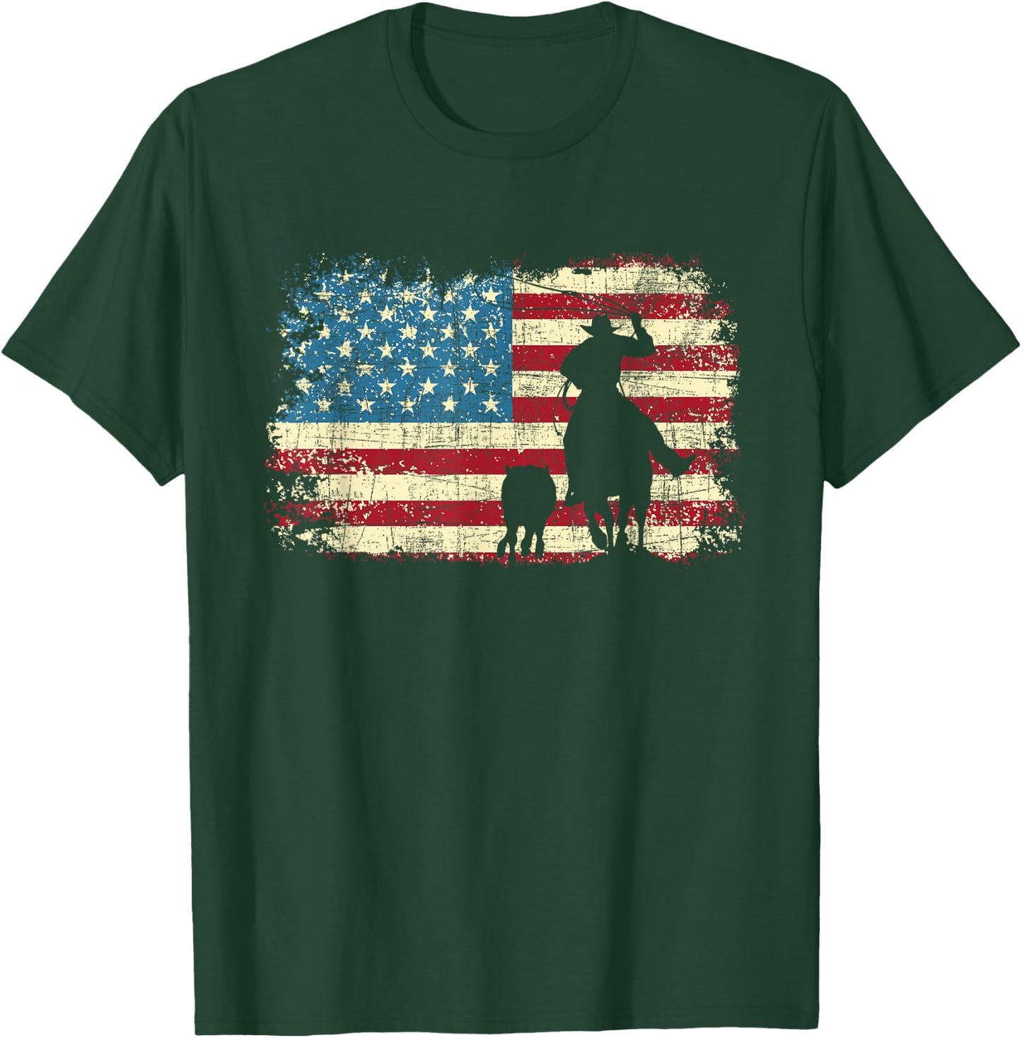 Team Roping - USA Flag Cowboy Cowgirl Rancher Heading Heeler T-Shirt - T-Shirt | Forest