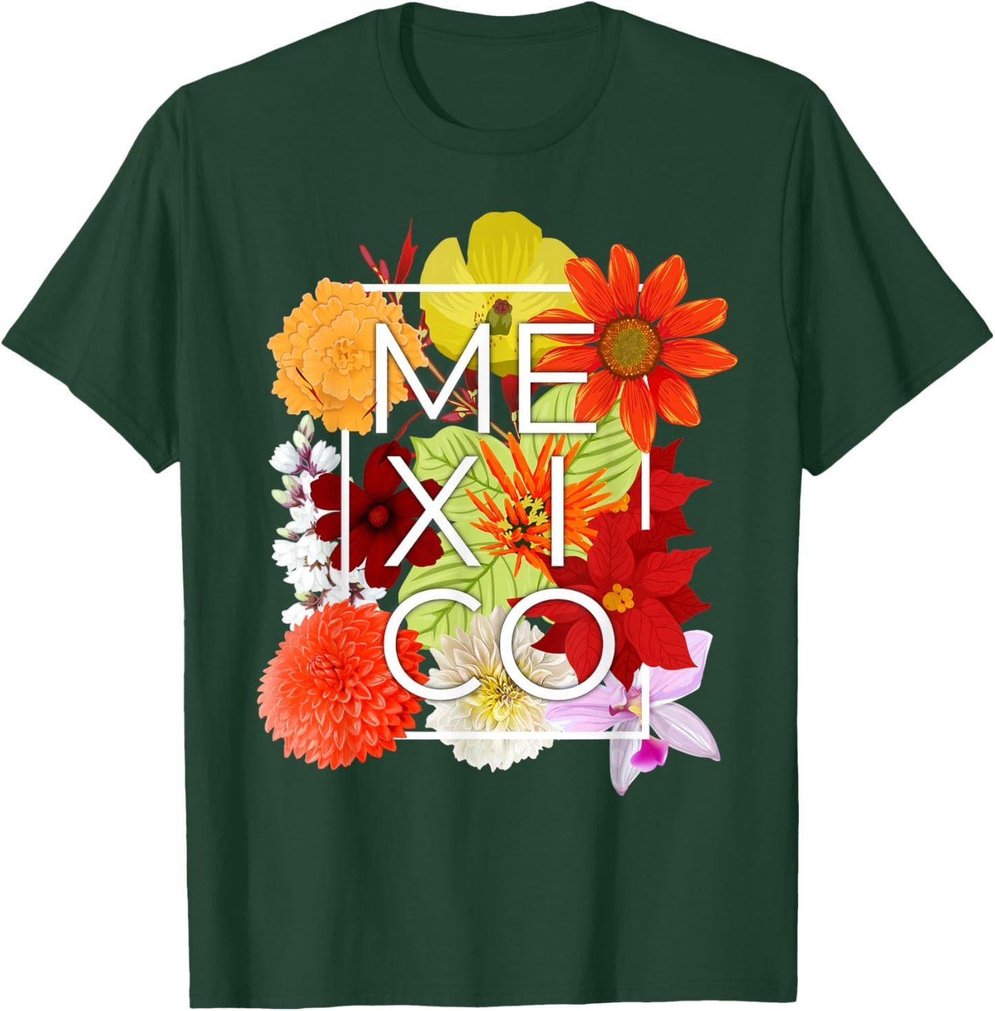 Flowers of Mexico Word Art - Mexican Pride T-Shirt - T-Shirt | Forest