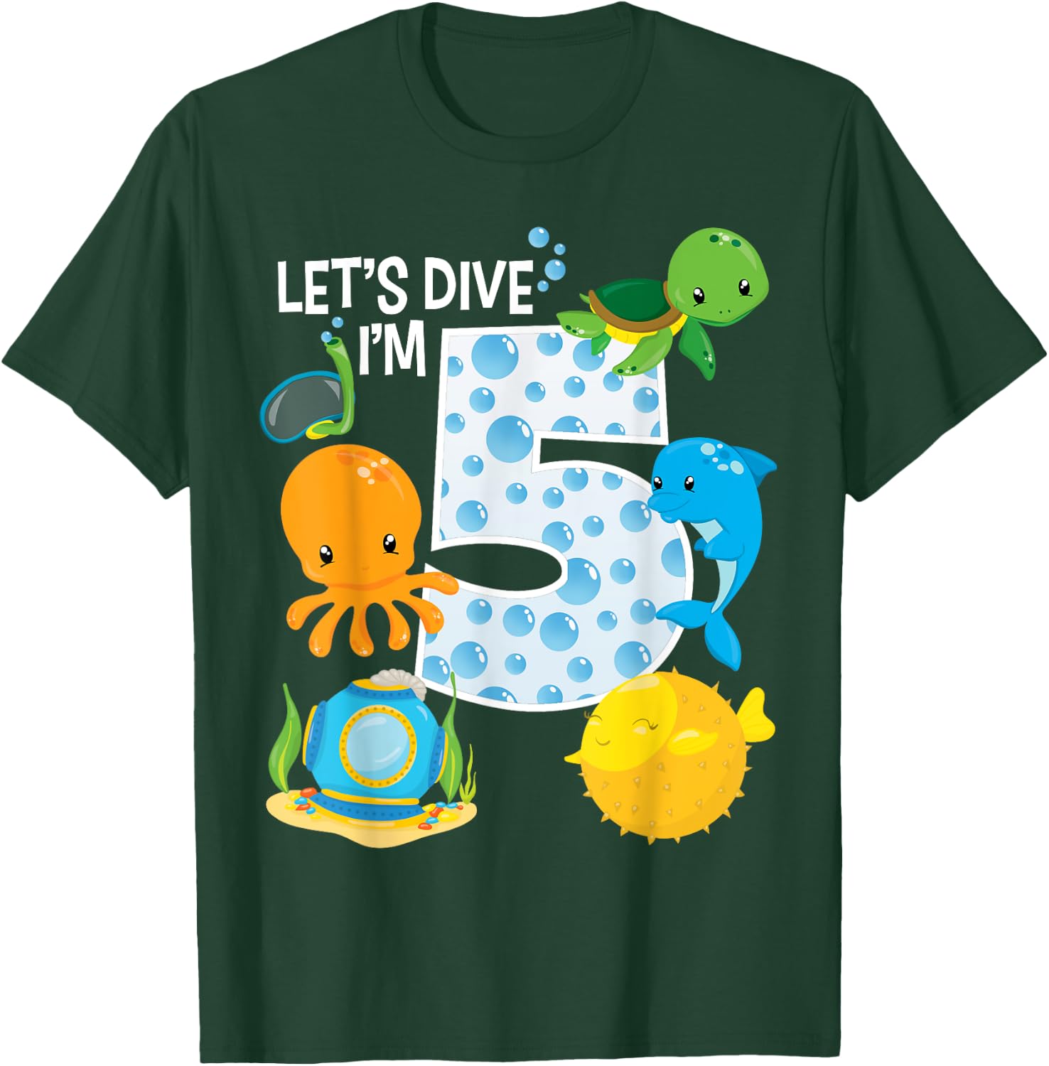 Let's Dive I'm 5 Birthday Boy Girl Ocean Sea Animals Bday T-Shirt - T-Shirt | Forest