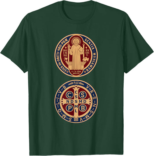 Saint Benedict Sacramental Medal Catholic T-Shirt - T-Shirt | Forest