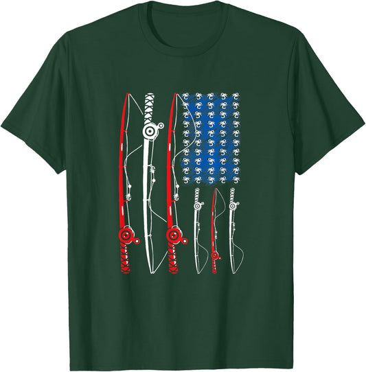 American US Flag Fishing Rod Fisherman Fathers Day T-Shirt - T-Shirt | Forest