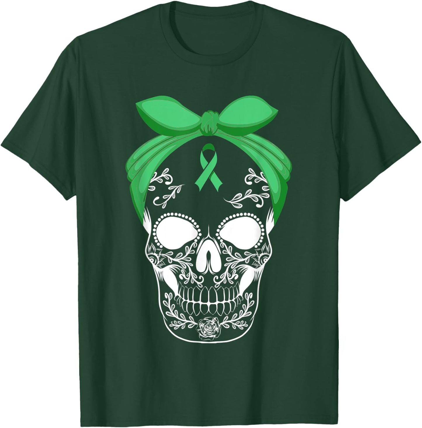 Sugar Skull Green Ribbon Apparel Skeleton Liver Cancer Fight T-Shirt - T-Shirt | Forest