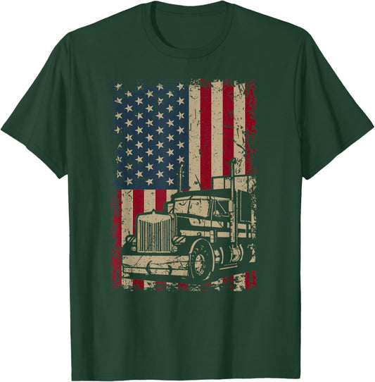 Truck Driver USA Flag Gift Patriotic Trucker T-Shirt - T-Shirt | Forest