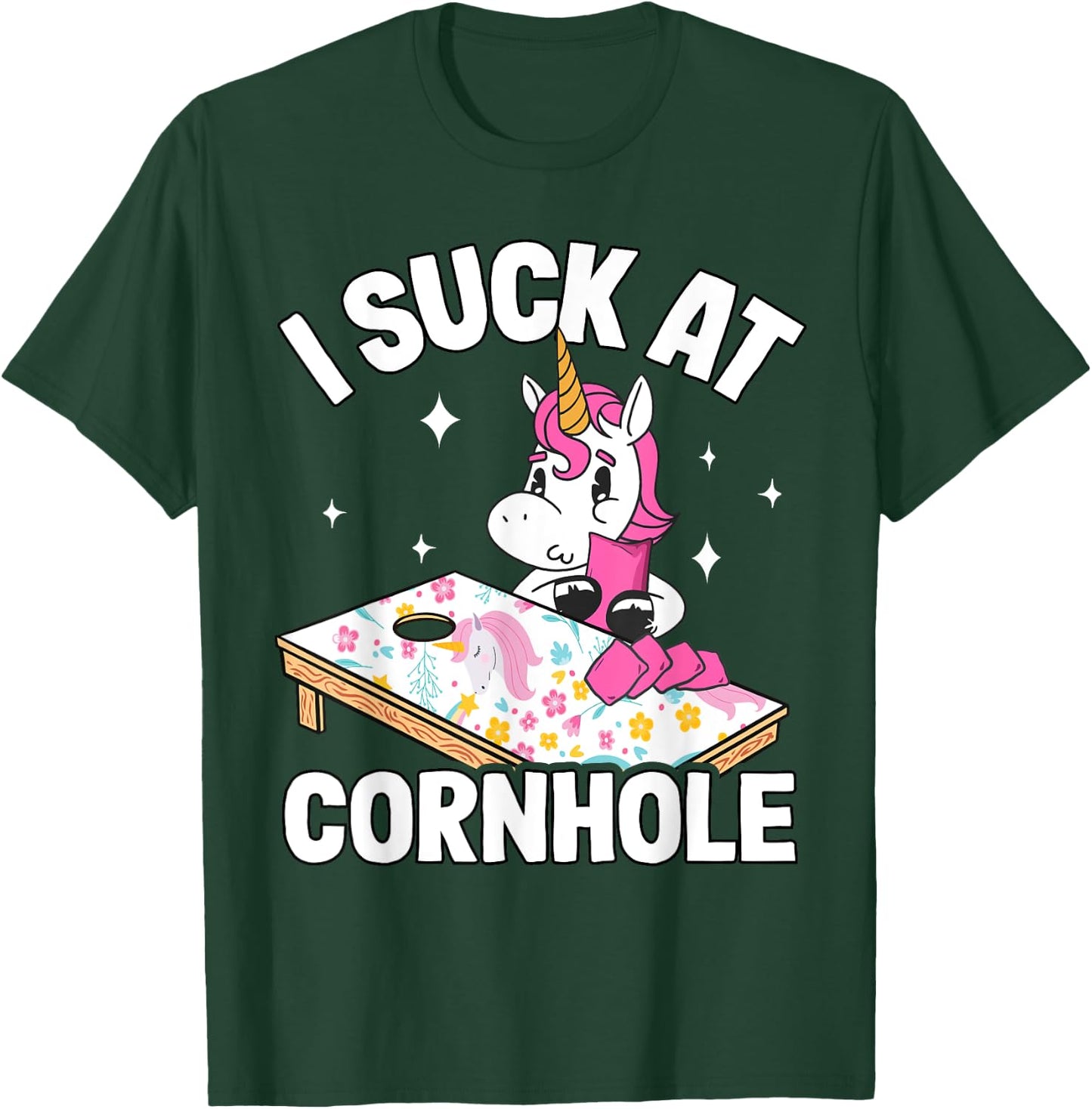 I Suck At Cornhole Loser Funny Sarcastic Joke Pink Unicorn T-Shirt - T-Shirt | Forest