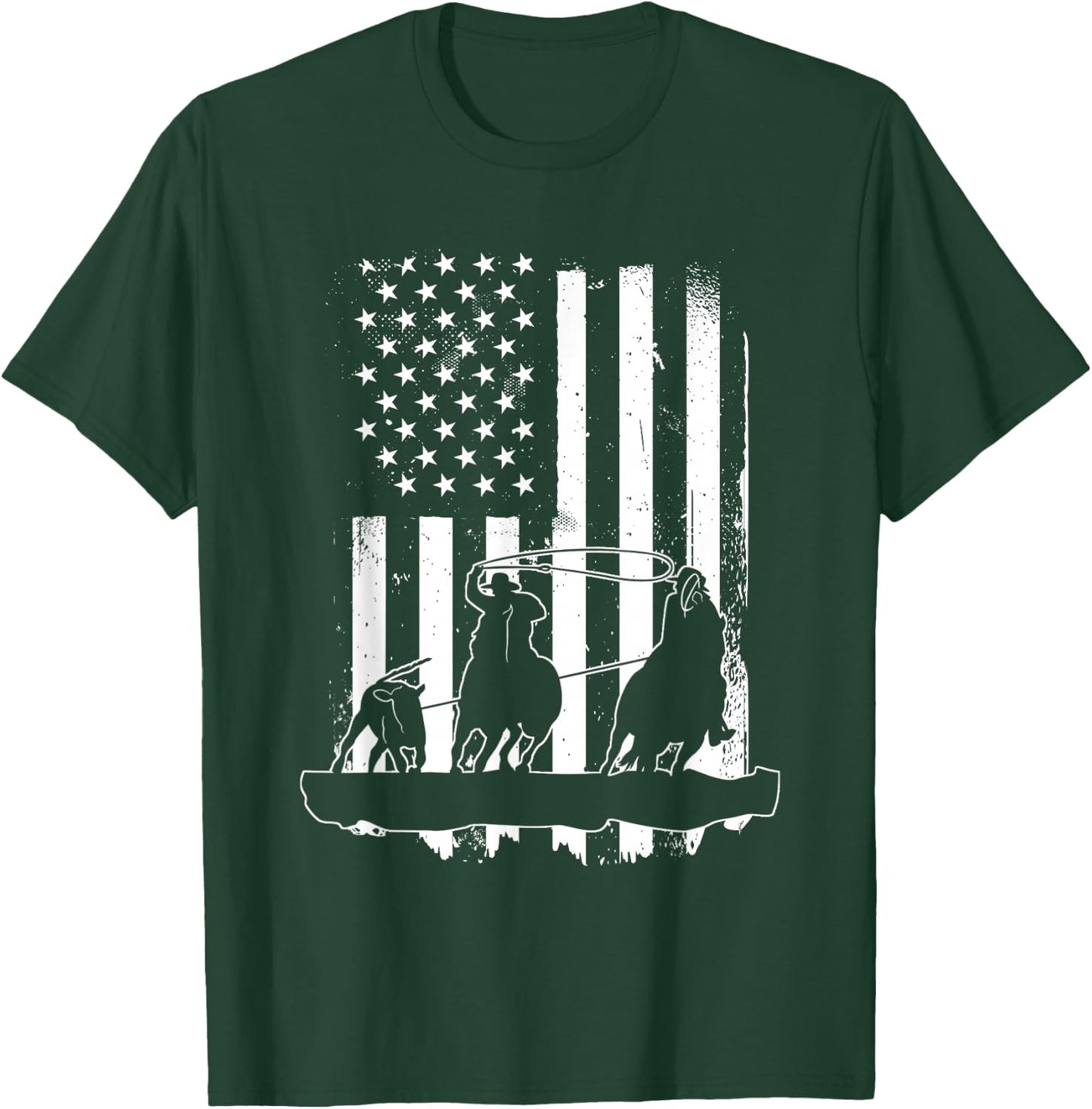 USA Flag Team Roping Design Rodeo Western Horse Country T-Shirt - T-Shirt | Forest