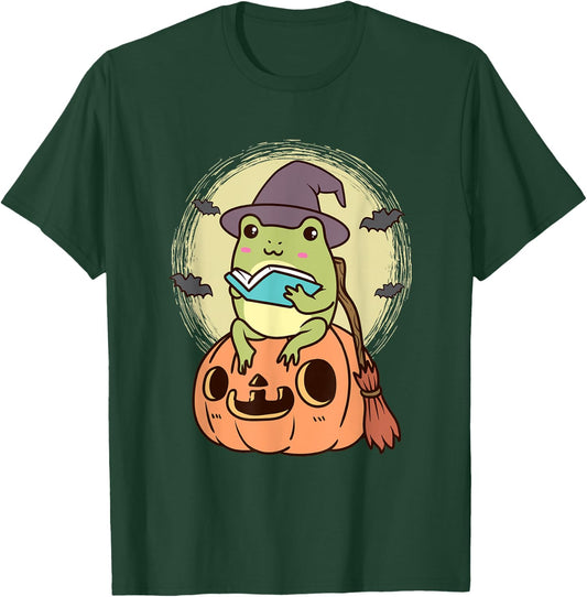 Kawaii Cottagecore Aesthetic Frog Witch Halloween Pumpkin T-Shirt - T-Shirt | Forest