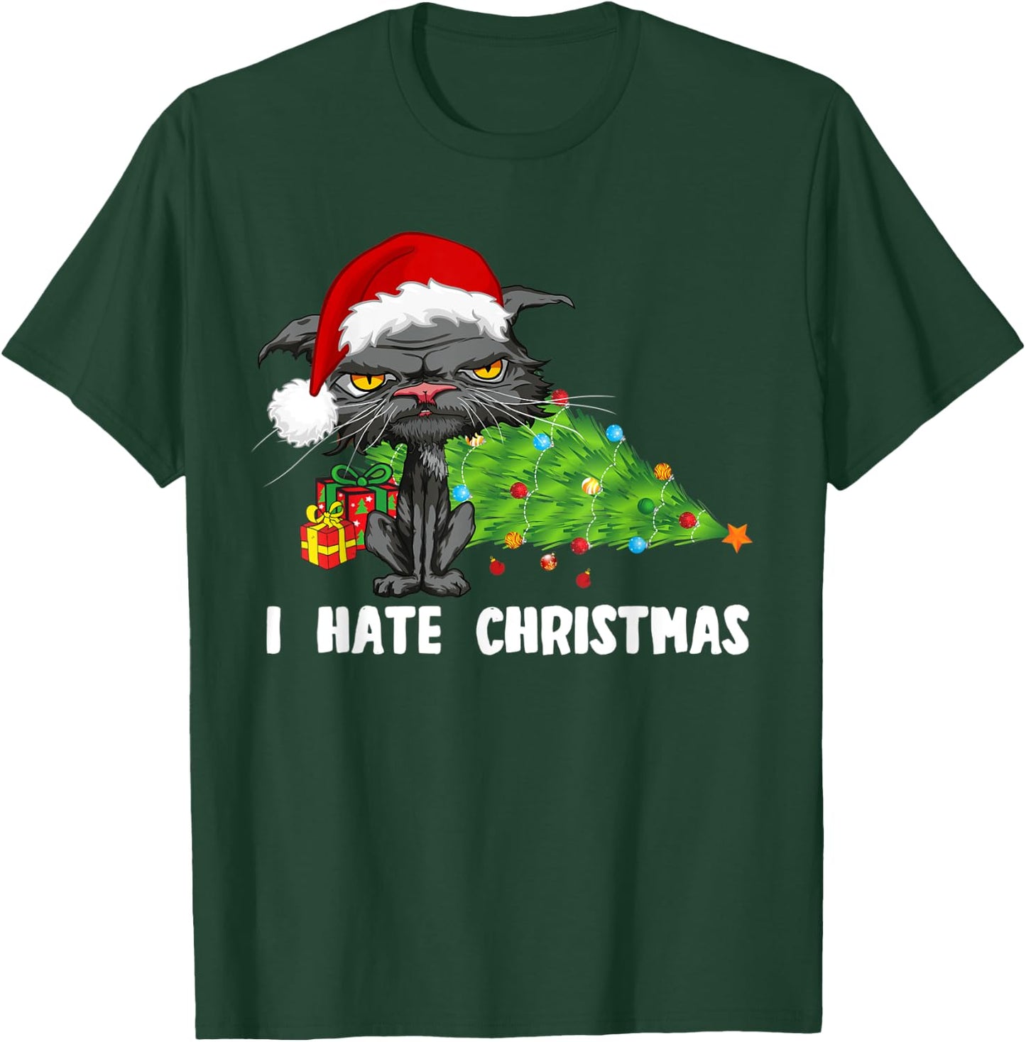 Anti Christmas I Hate Christmas Tree Bored Cat Santa Hat Women Kids T-Shirt - T-Shirt | Forest