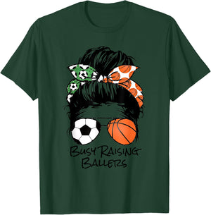 Busy Raising Ballers messy bun women's basketball soccer mom T-Shirt - T-Shirt | Forest