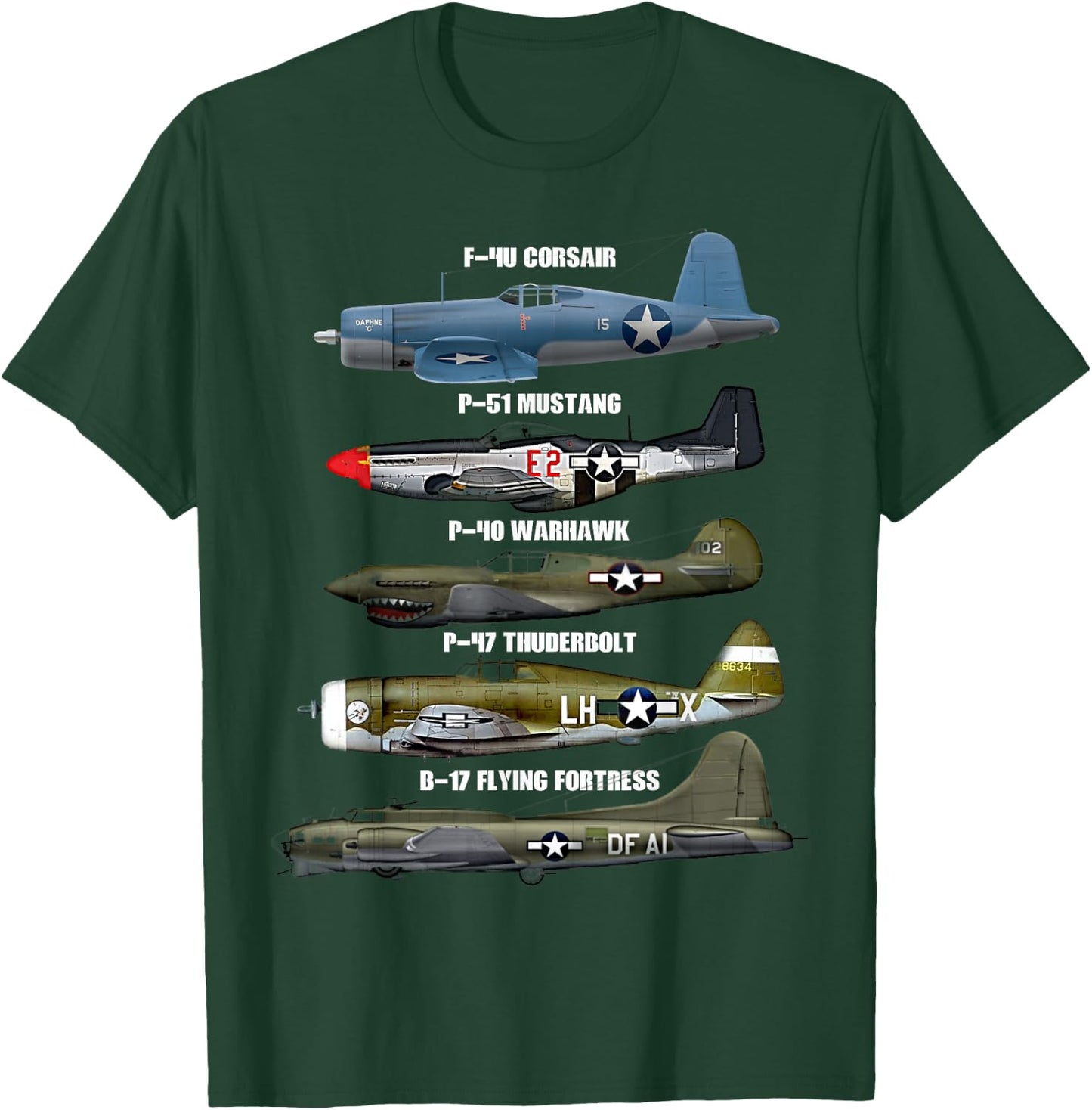 WW2 Warplane B-17 P51 Mustang F4U Corsair P40 Warhawk T-Shirt - T-Shirt | Forest