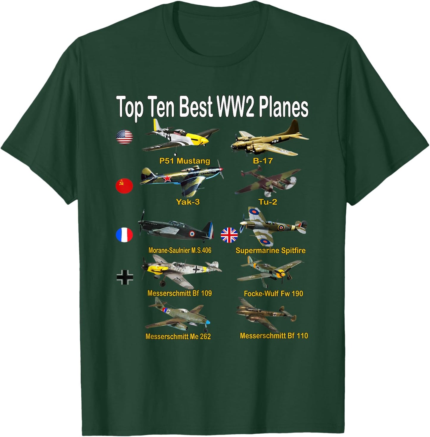 Ten Best WW2 Military Aircraft Fighters & Bombers Model T-Shirt - T-Shirt | Forest