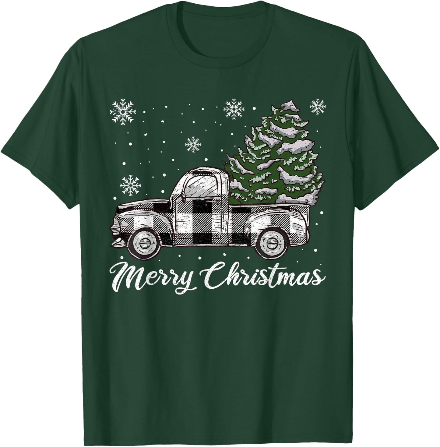 Merry Christmas Tree White Truck Pajama, Plaid Truck Tree T-Shirt - T-Shirt | Forest