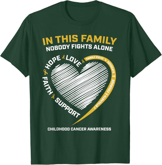Gold Family Nobody Fights Alone Childhood Cancer Awareness T-Shirt - T-Shirt | Forest