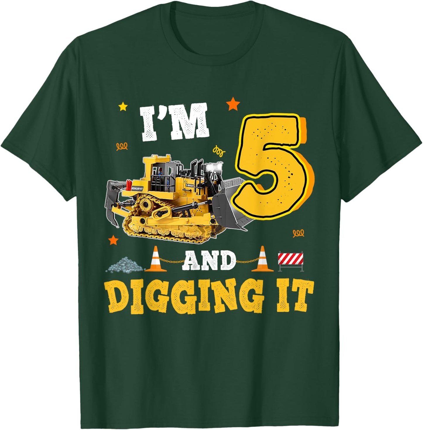 5th Birthday Construction Bulldozer 5yr I'm 5 And Digging It T-Shirt - T-Shirt | Forest