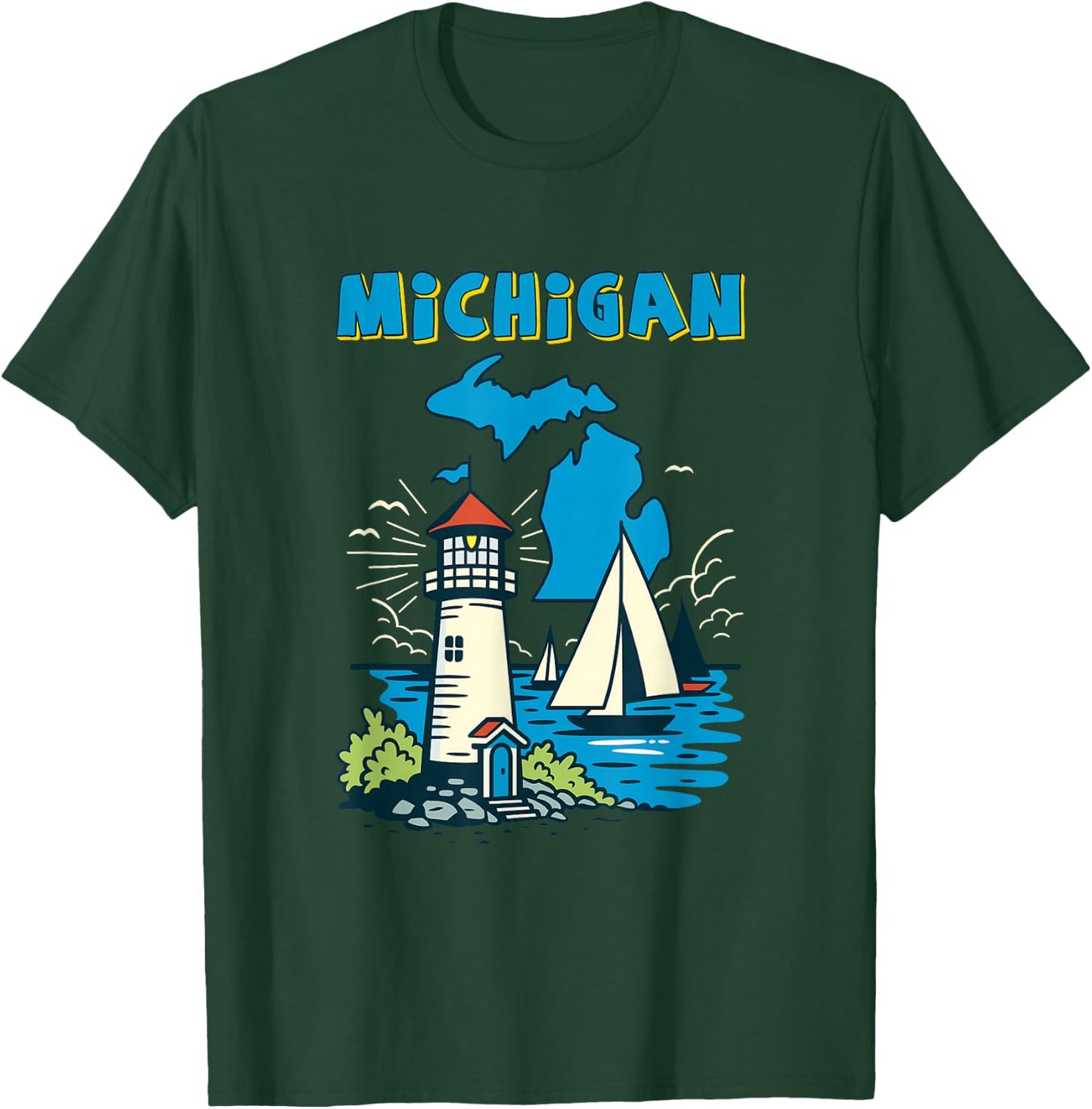 Retro Sailboat and Lighthouse in Michigan Great Lakes T-Shirt - T-Shirt | Forest