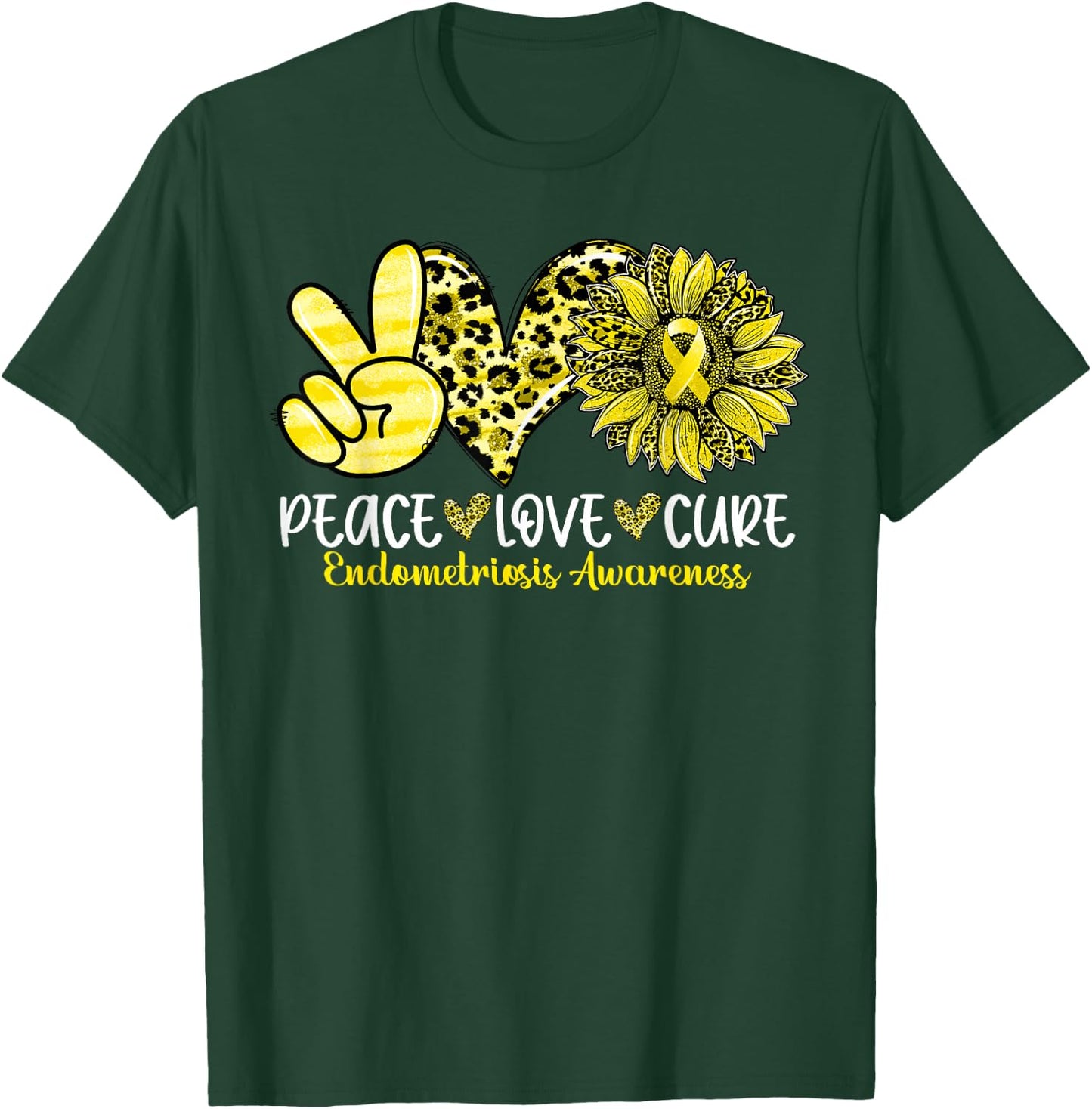 Peace Love Cure Sunflower Leopard Endometriosis Awareness T-Shirt - T-Shirt | Forest