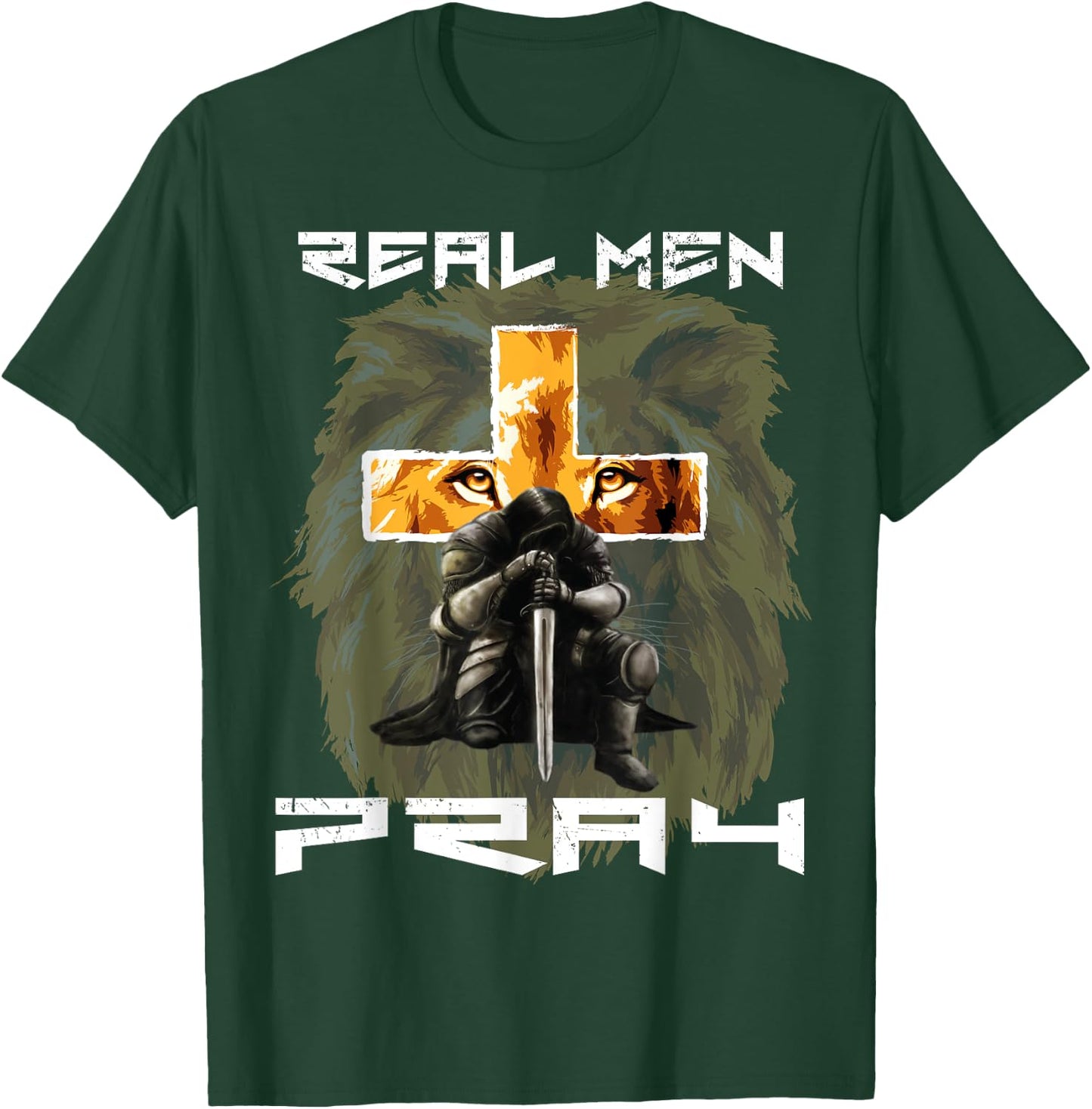 Real Men Pray Lion Judah Christian Religious Cross Graphic T-Shirt - T-Shirt | Forest