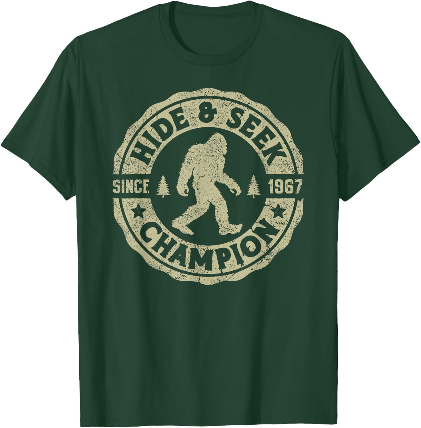 Bigfoot Hide And Seek Champion Funny Sasquatch Retro Vintage T-Shirt - T-Shirt | Forest