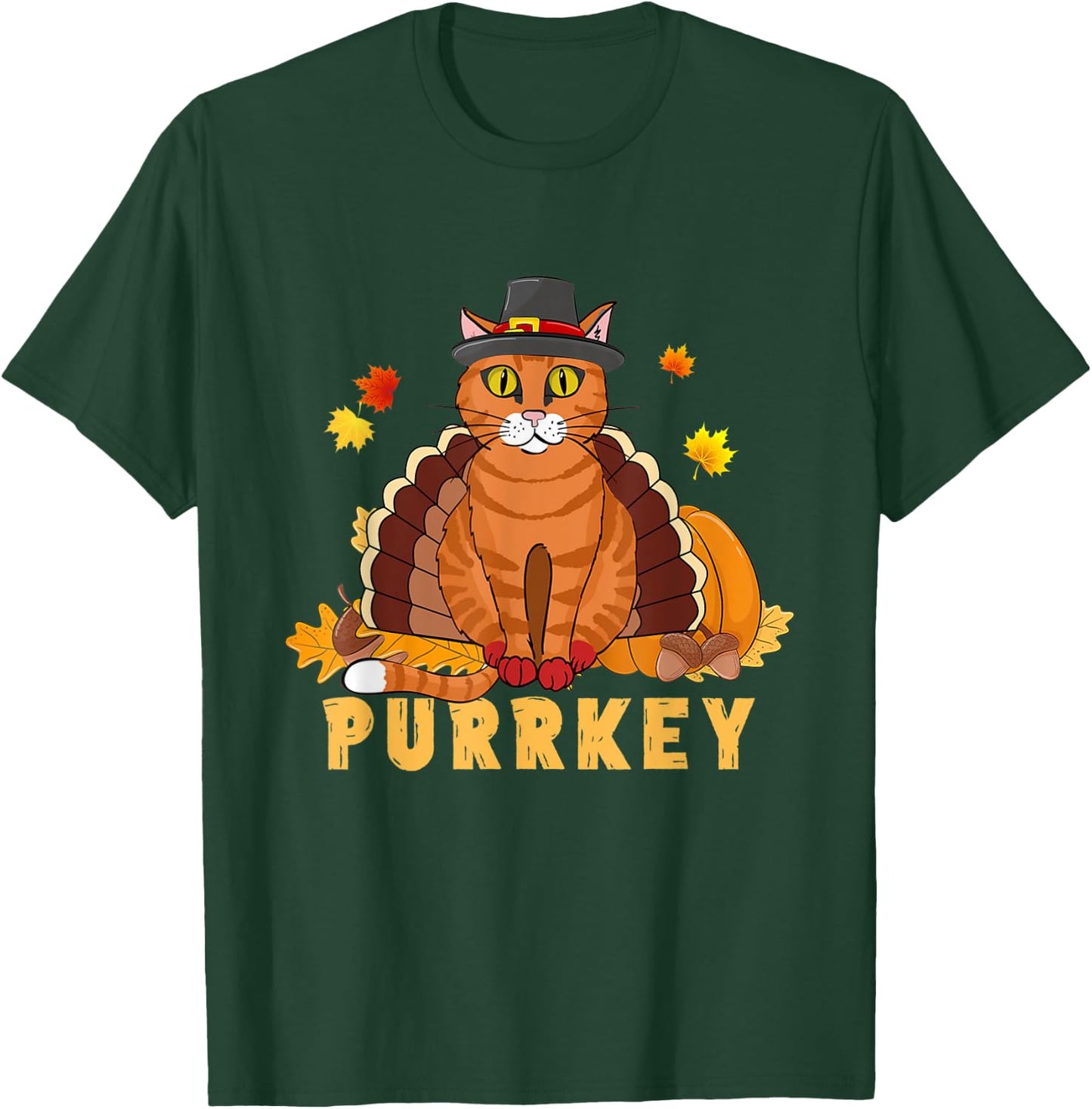 Purrkey Turkey Cat Funny Thanksgiving Cat Kitten Mom Dad Women Kids T-Shirt - T-Shirt | Forest