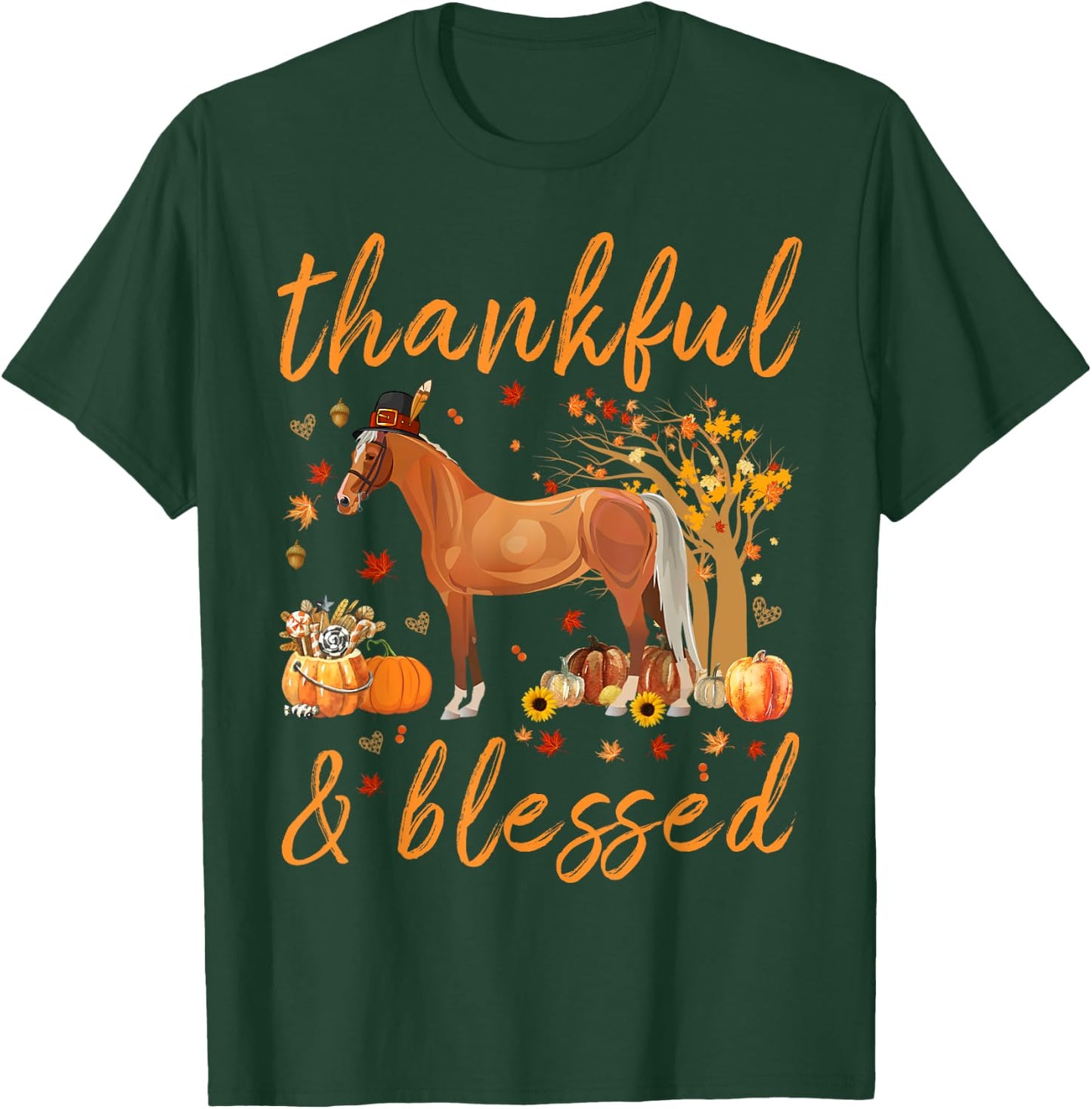 Thankful Grateful Blessed Horse Thanskgiving Matching T-Shirt - T-Shirt | Forest