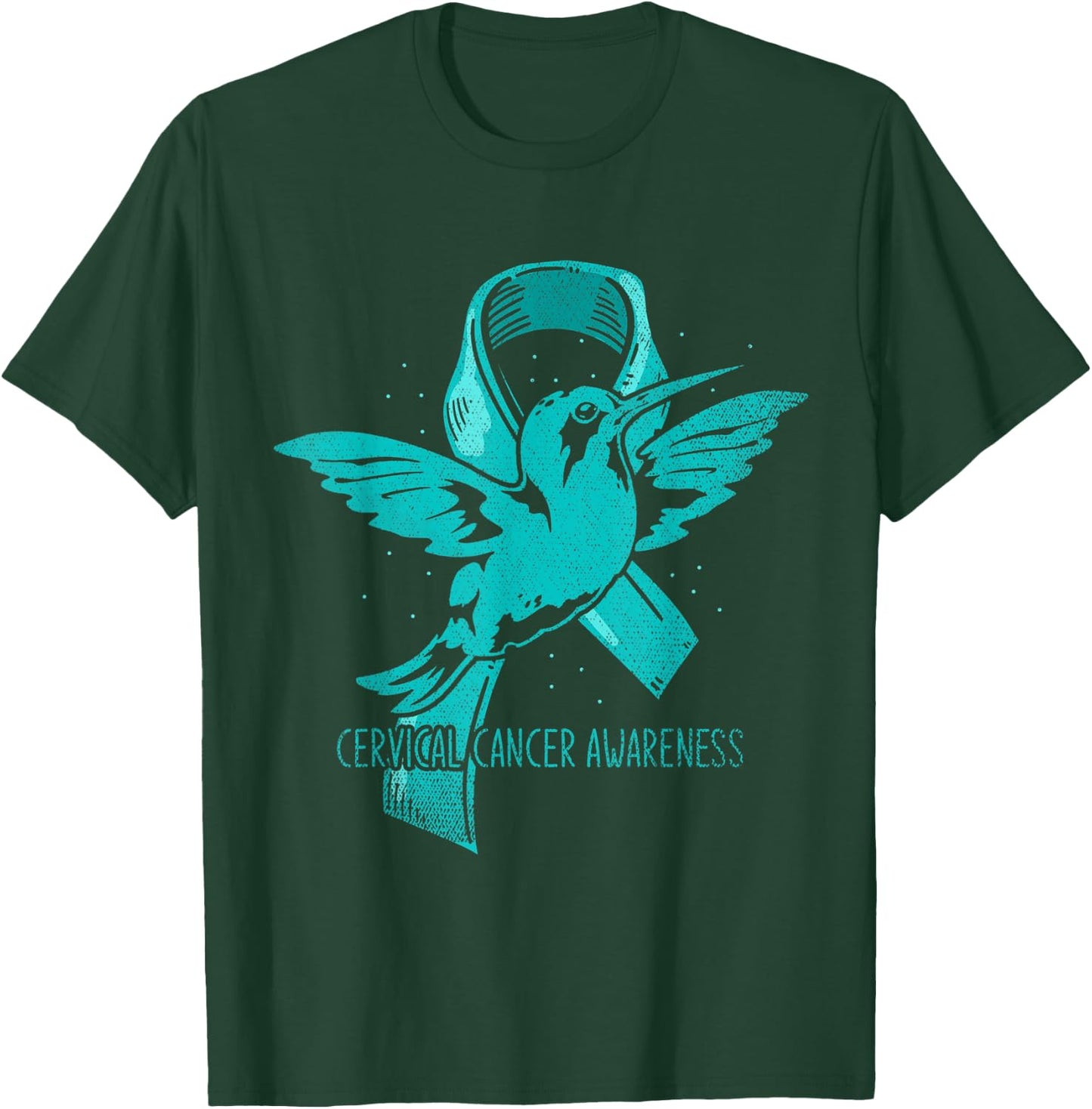 Hummingbird Teal Ribbon Warrior Cervical Cancer Awareness T-Shirt - T-Shirt | Forest