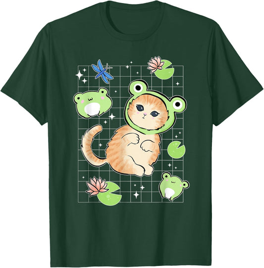 Kawaii Frog Cat in Frog Hat Retro 90s Cottagecore Aesthetic T-Shirt - T-Shirt | Forest