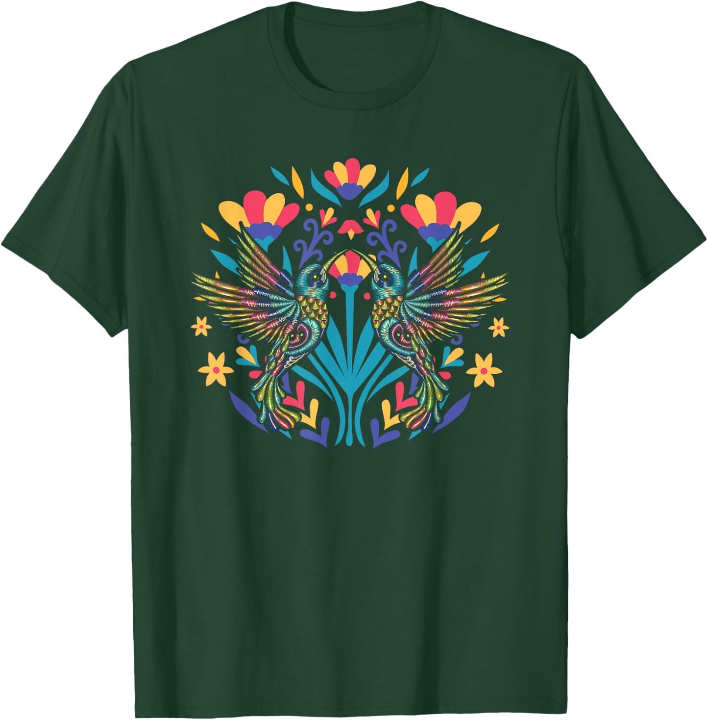 Floral Bird Otomi Mexican Embroidery Style Mexicano Mexicana T-Shirt - T-Shirt | Forest