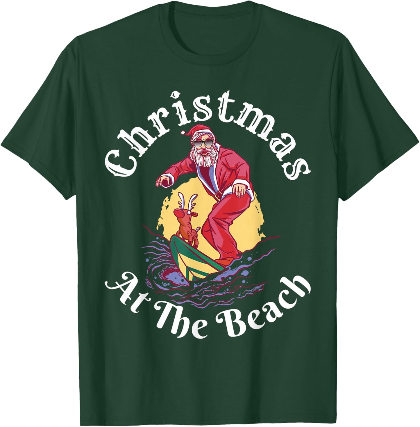 Christmas At The Beach Funny Santa Surfing With Reindeer T-Shirt - T-Shirt | Forest
