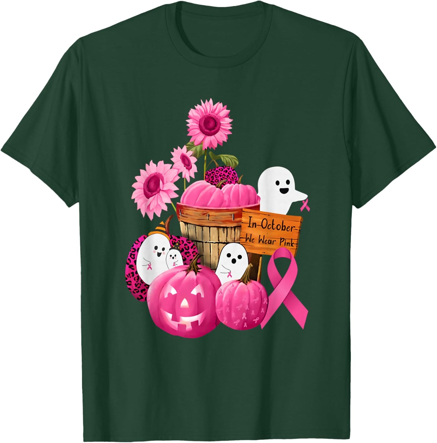 In October We Wear Pink Ghosts & Pumpkins For Breast Cancer T-Shirt - T-Shirt | Forest