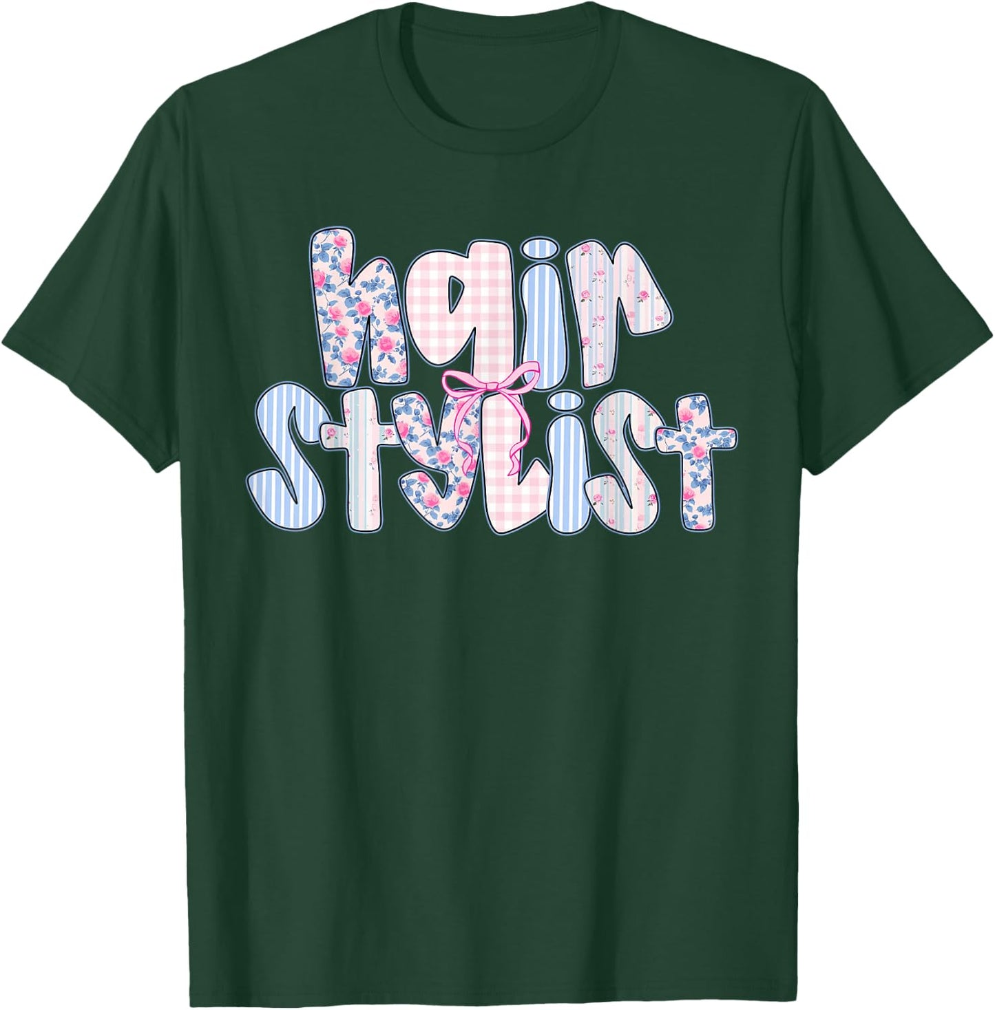 Coquette Floral Checkered Hairstylist Cosmetologist Barber T-Shirt - T-Shirt | Forest
