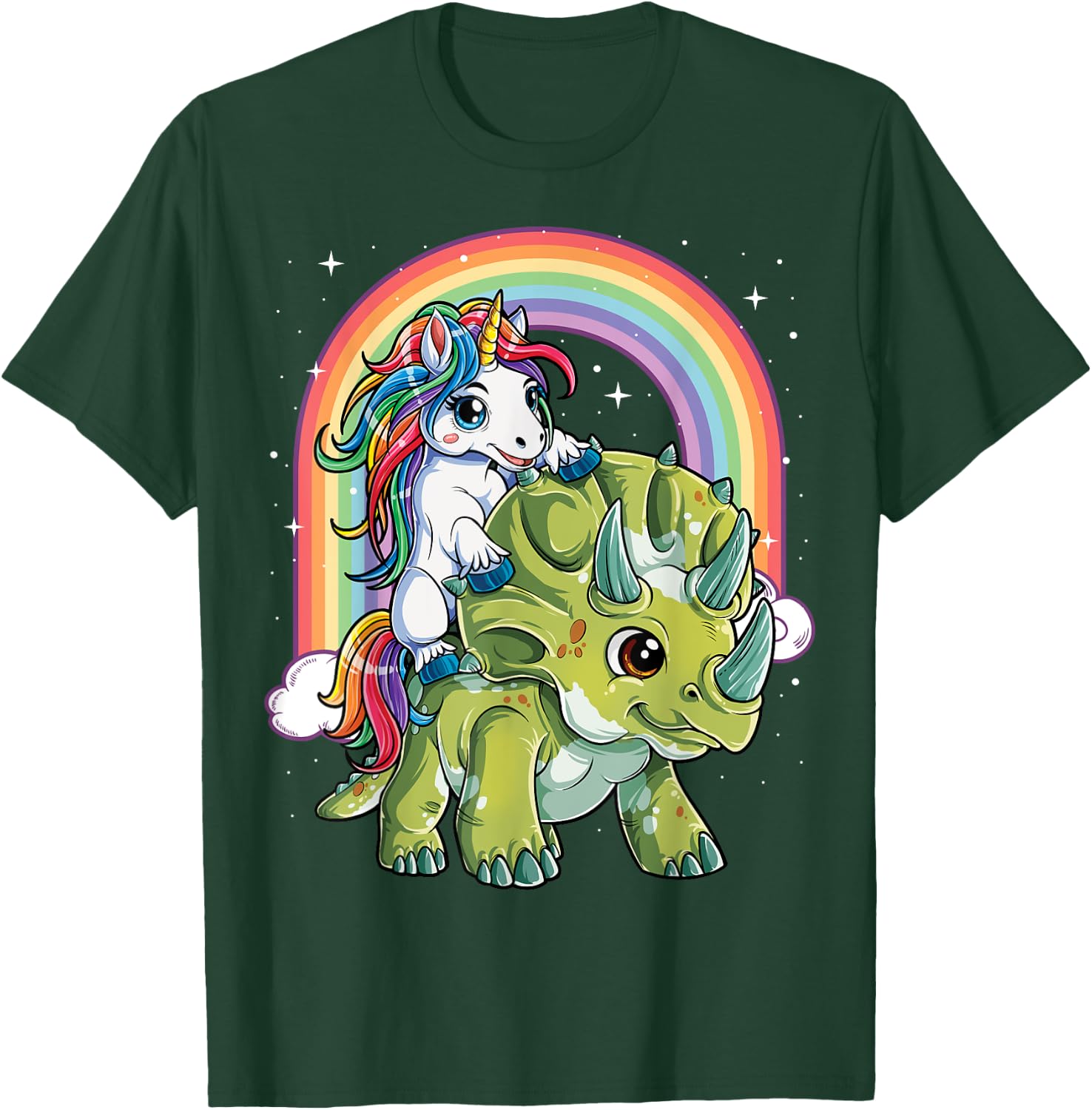 Unicorn Riding Dinosaur Triceratops Boys Kids Girls Rainbow T-Shirt - T-Shirt | Forest