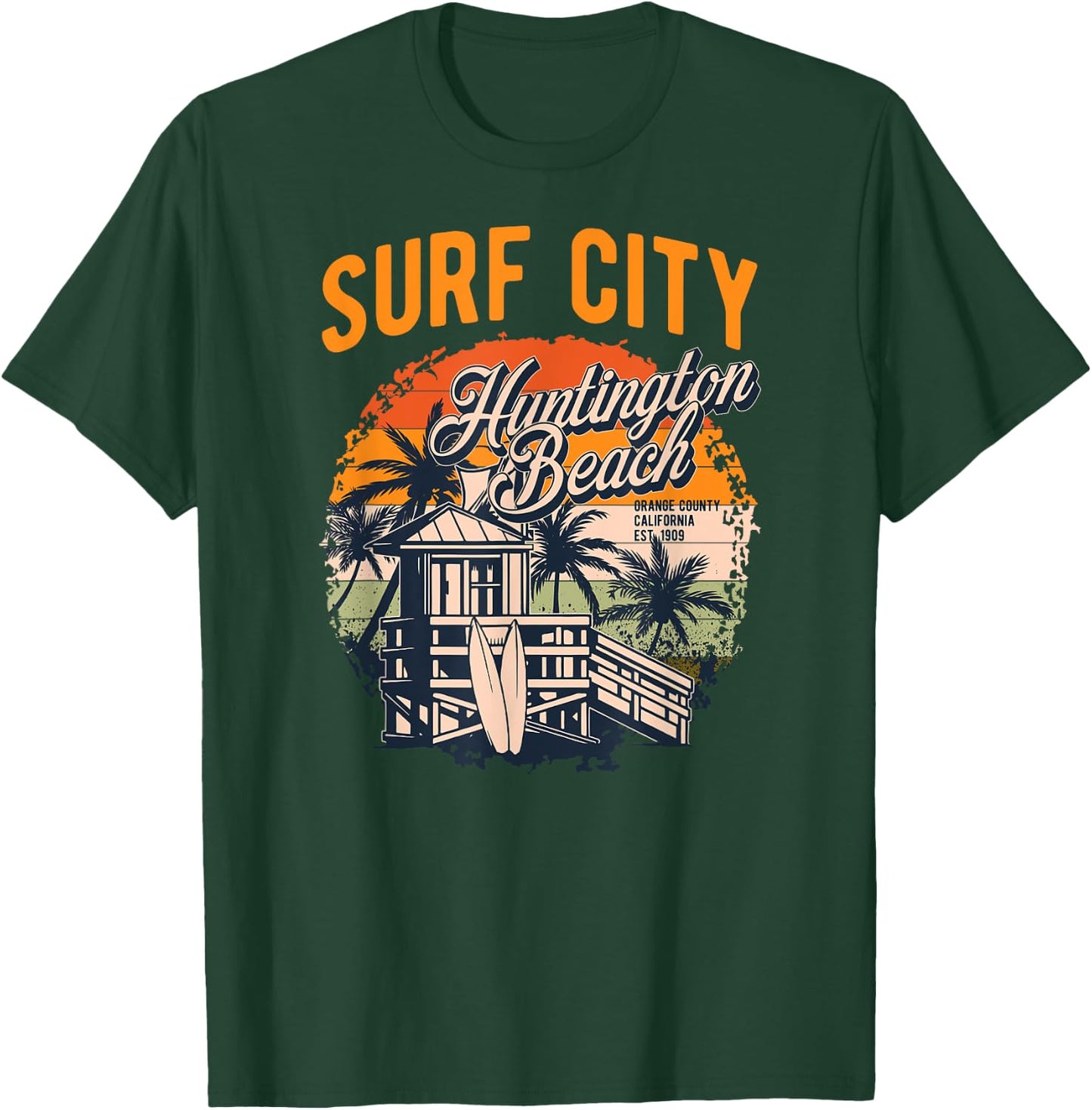 Vintage Huntington Beach Lifeguard Tower Surfing Style Men Women T-Shirt - T-Shirt | Forest