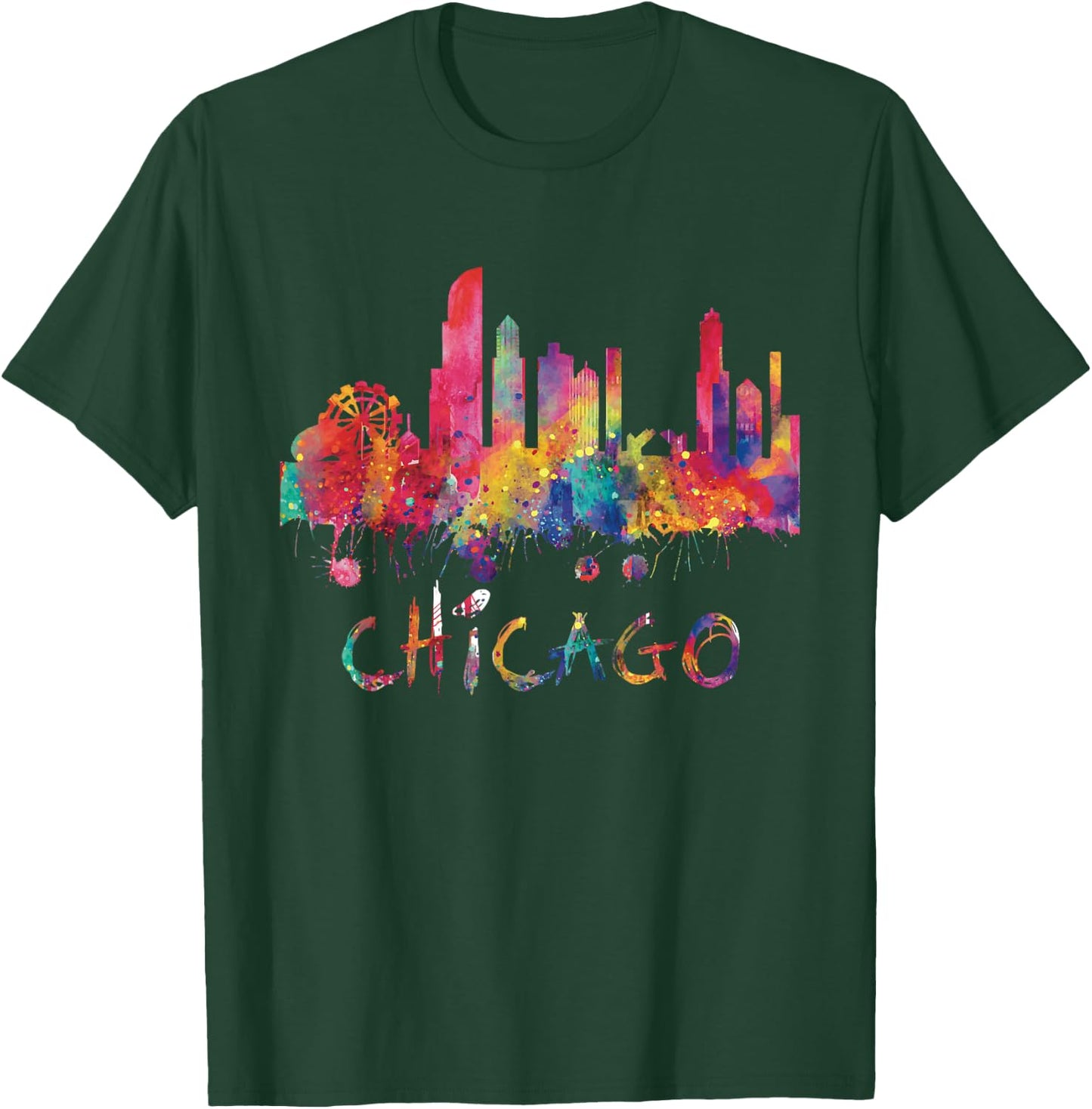 Chicago Skyline Cityscape Watercolor Chicago Flag Illinois T-Shirt - T-Shirt | Forest