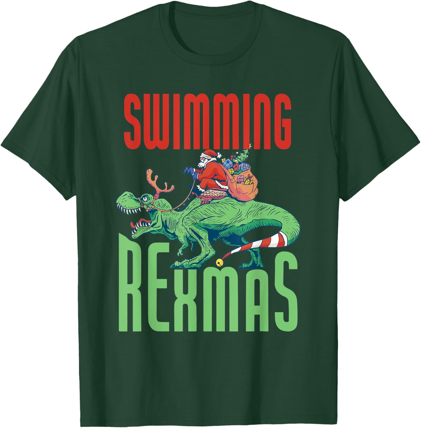 Swimming Rexmas T-Rex Dinosaur Christmas Holiday - Swimmer T-Shirt - T-Shirt | Forest