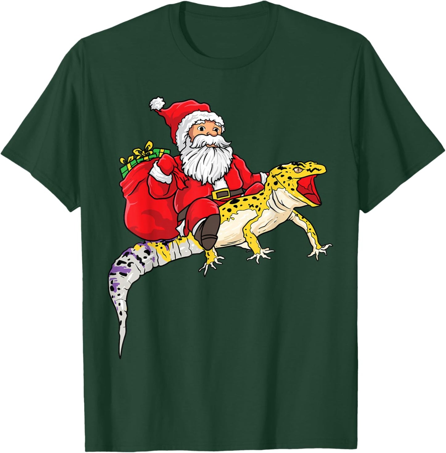 Fun Santa Delivering Presents On Leopard Gecko Lizard T-Shirt - T-Shirt | Forest