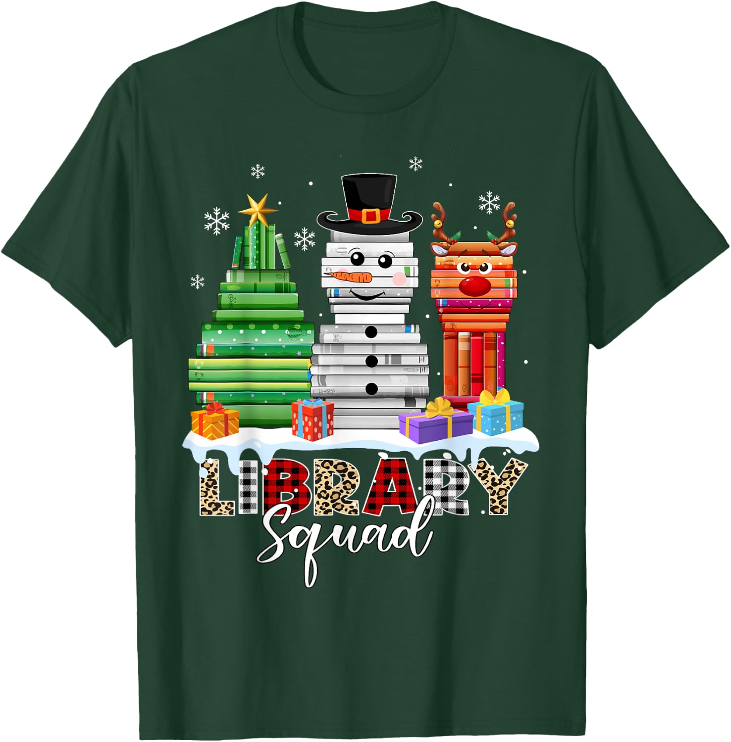 Christmas Librarian Books Xmas Tree Snowman Reindeer Library T-Shirt - T-Shirt | Forest
