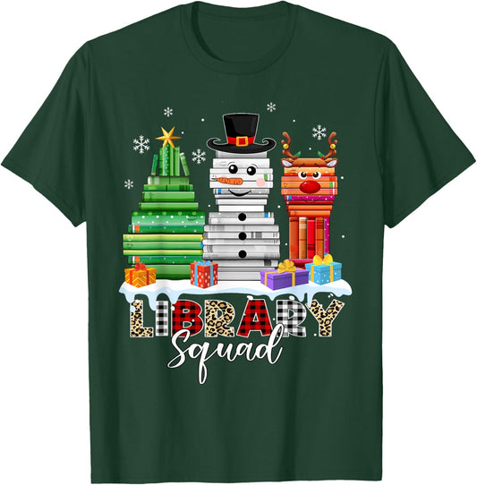 Christmas Librarian Books Xmas Tree Snowman Reindeer Library T-Shirt - T-Shirt | Forest