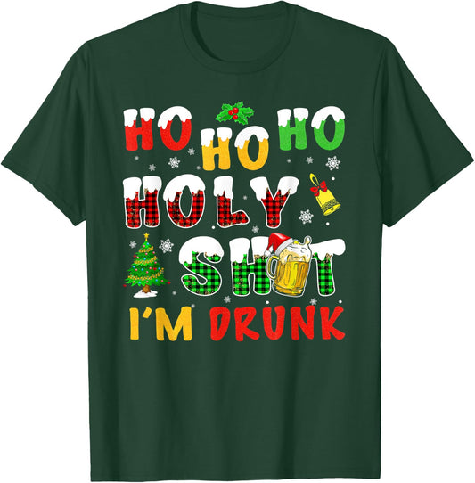 Meme Ho's Ho Ho Holy Shit I'm Drunk Beer Santa Hat Christmas Lights T-Shirt - T-Shirt | Forest