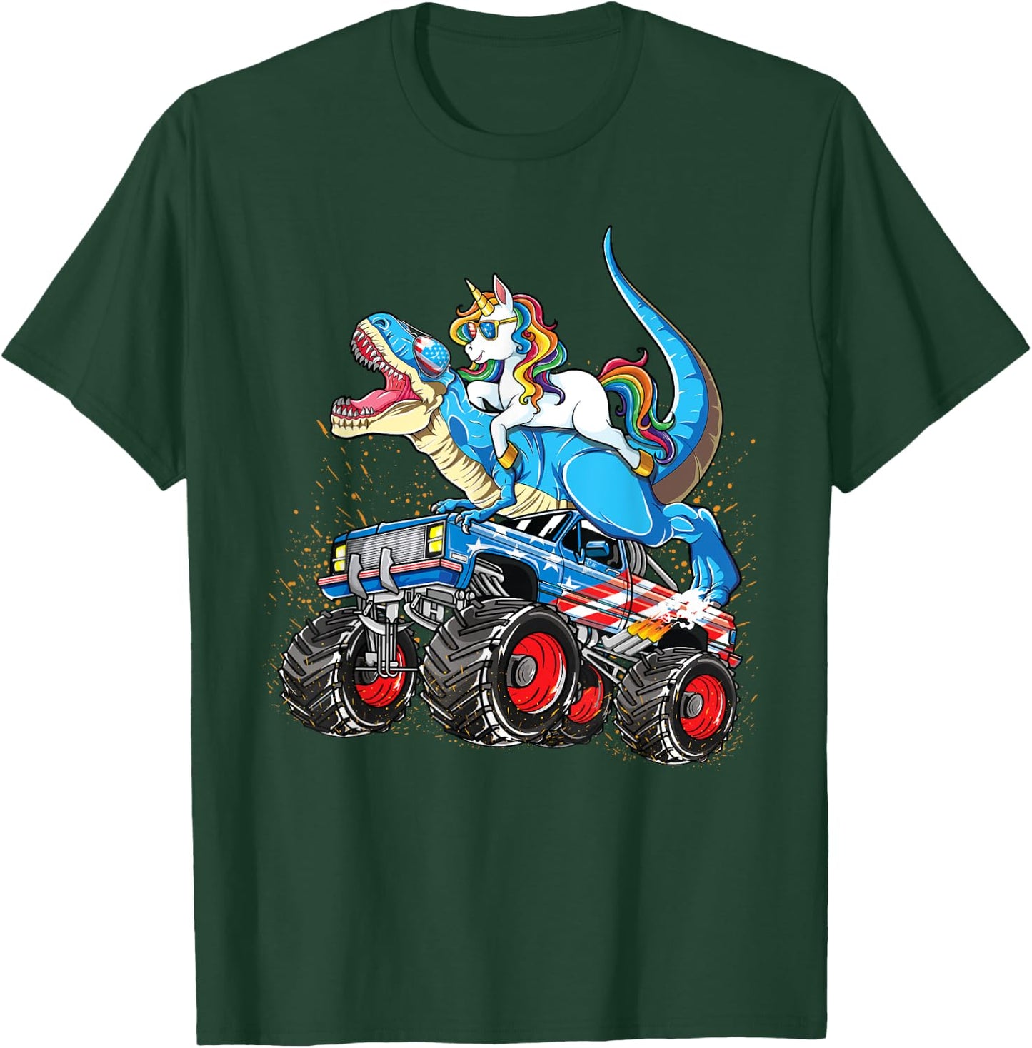 Unicorn Riding T rex Monster Truck Boys Girls Unicorn T-Shirt - T-Shirt | Forest